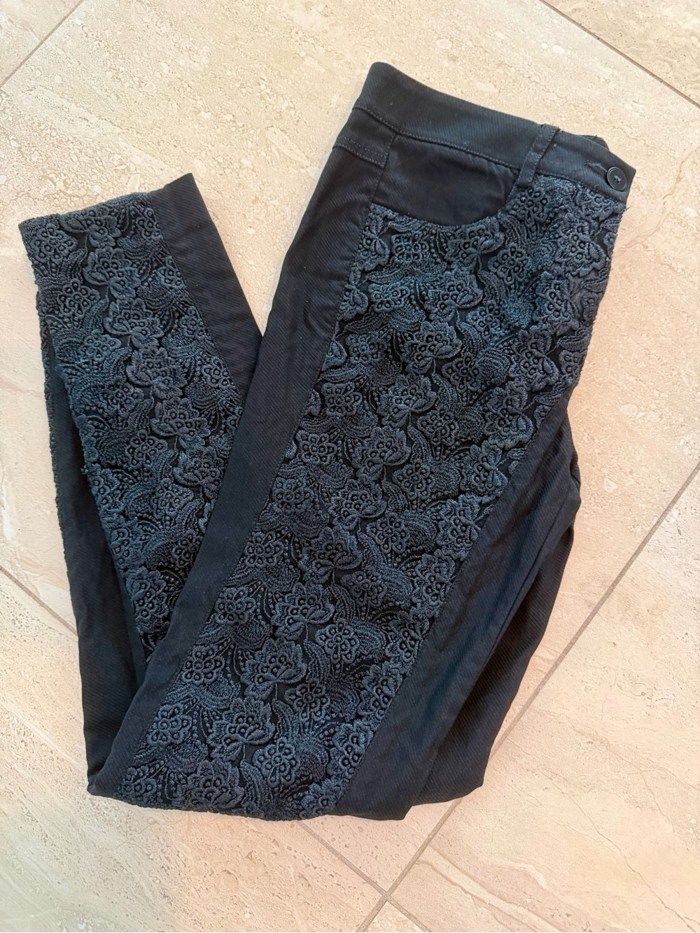bebe Black Denim Lace Front Overlay Skinny Pants Size 8